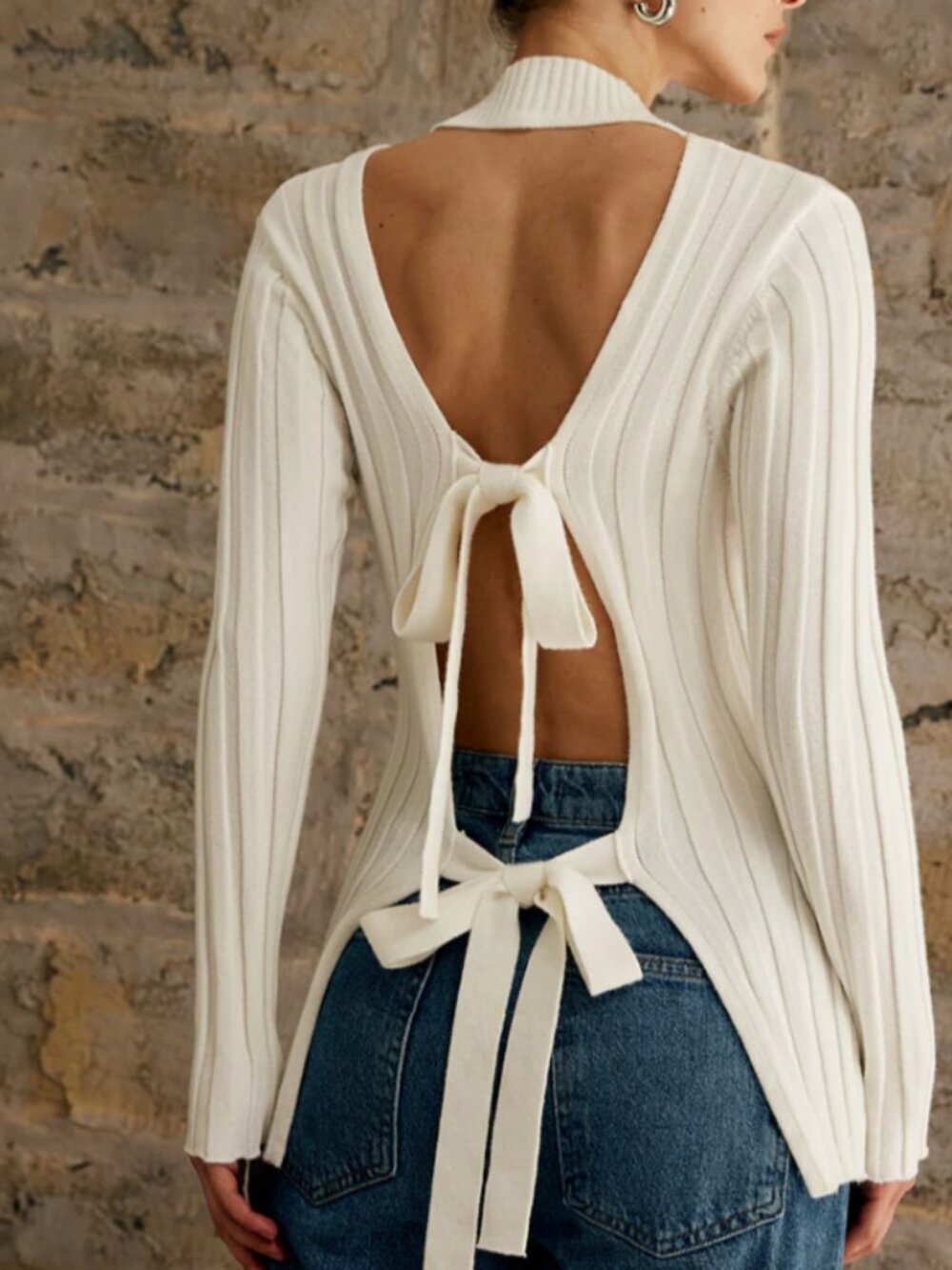 Tie Open Back Long Sleeve Knit white Top - NEVER USED